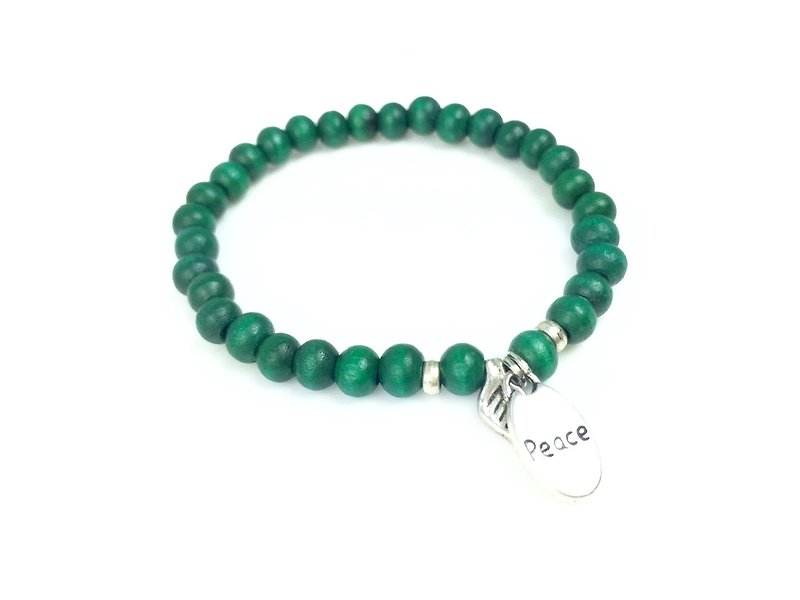 「翠綠木珠 x PEACE墜飾」 - 手鍊/手環 - 其他材質 綠色