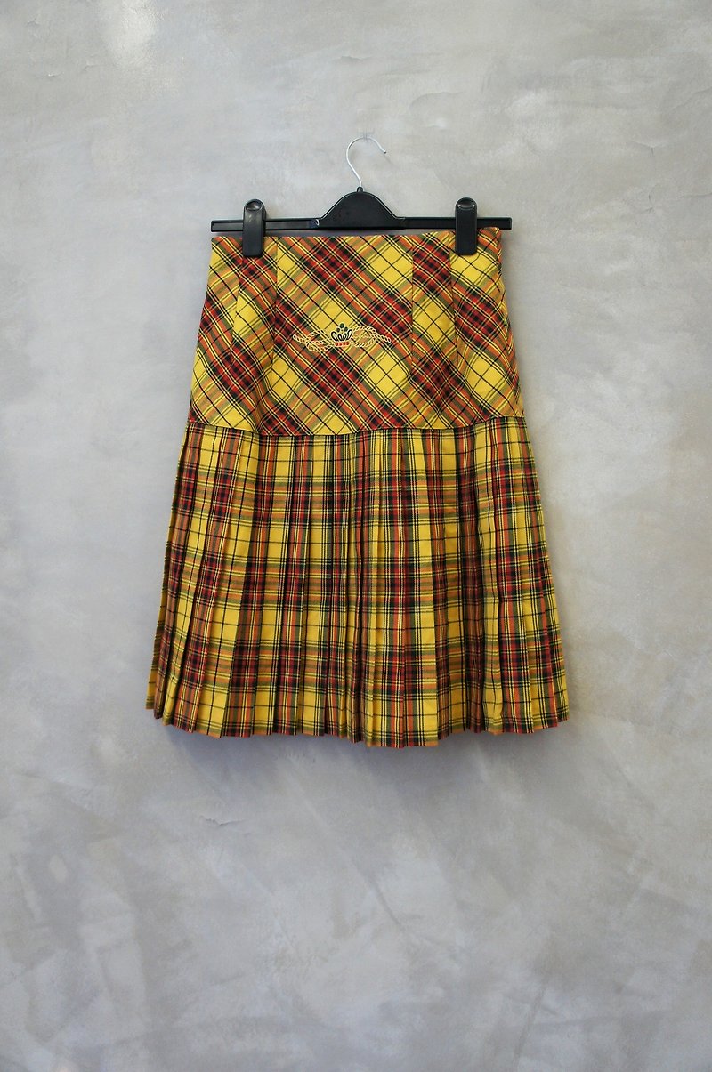 其他材質 裙子/長裙 黃色 - 蘇格蘭格紋 黃綠紅系 下百褶毛質感裙 義大利製古著 PdB