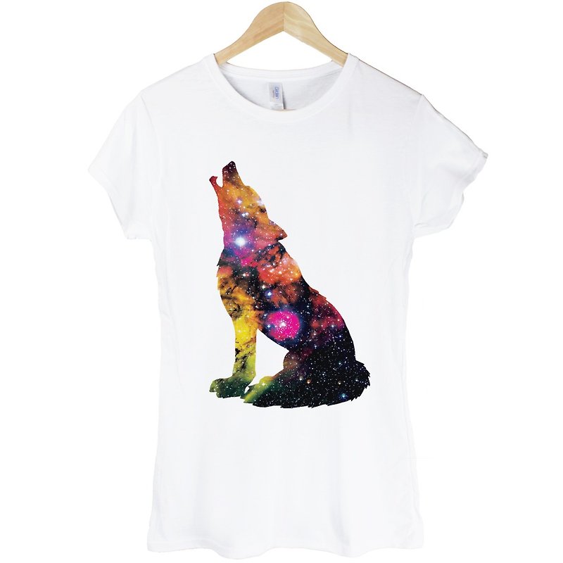 Wolf-Galaxy女生短袖T恤-白色 狼 銀河系 星系 動物 自然 宇宙 平價 時尚 設計 自創 品牌 時髦 圓 三角形 - 女 T 恤 - 棉．麻 白色