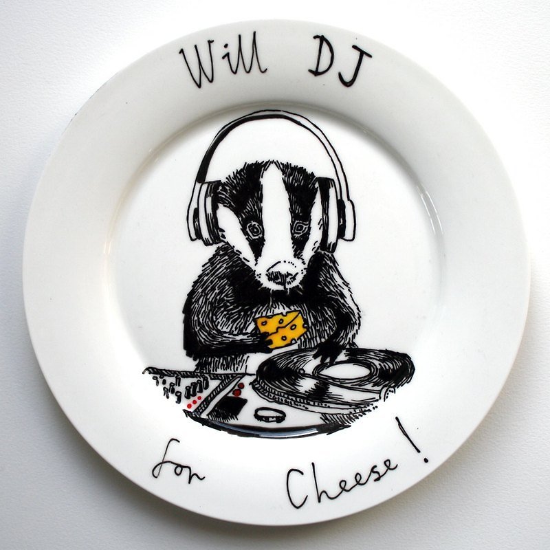 DJ Badger Hand-painted Bone China Dinner Plate | Jimbobart - จานและถาด - วัสดุอื่นๆ ขาว