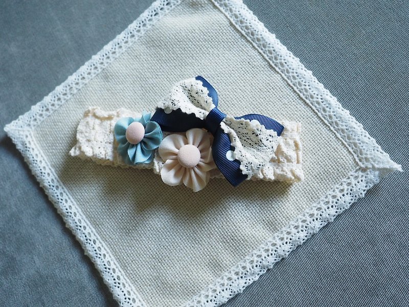 Handmade blue ribbon bow elastic baby/kid headband - หมวกเด็ก - วัสดุอื่นๆ สีน้ำเงิน