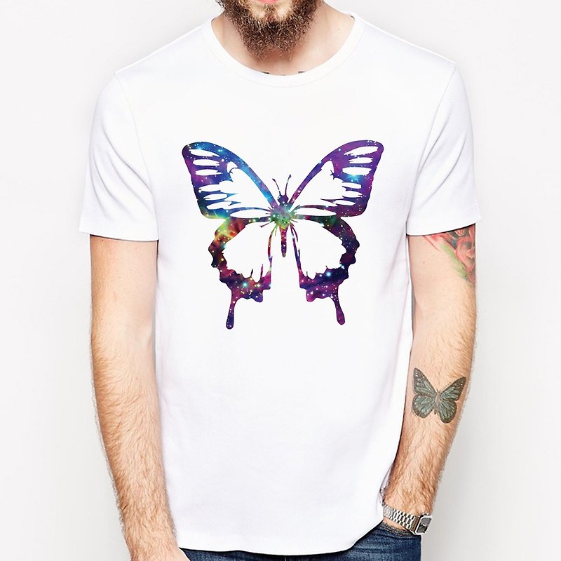 Cosmic Butterfly Short Sleeve T-Shirt-White Butterfly Milky Way Insect Natural Animal Environmental Friendly Art Design Fashionable Simple Simple - Men's T-Shirts & Tops - Other Materials White
