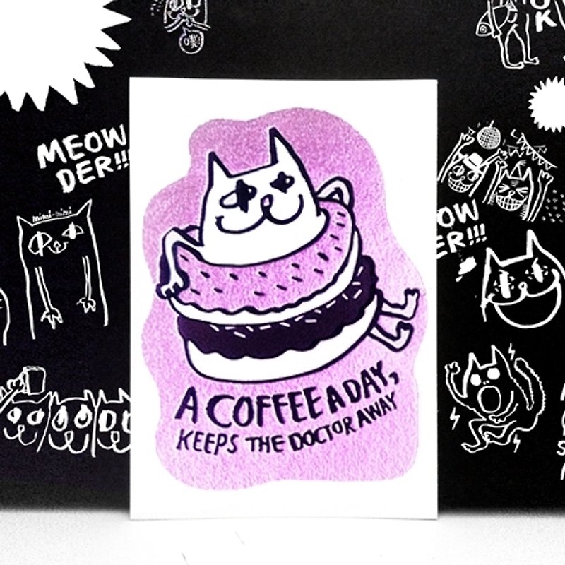 Wanying Hsu cat down postcard "A COFFEE A DAY!" - การ์ด/โปสการ์ด - กระดาษ 