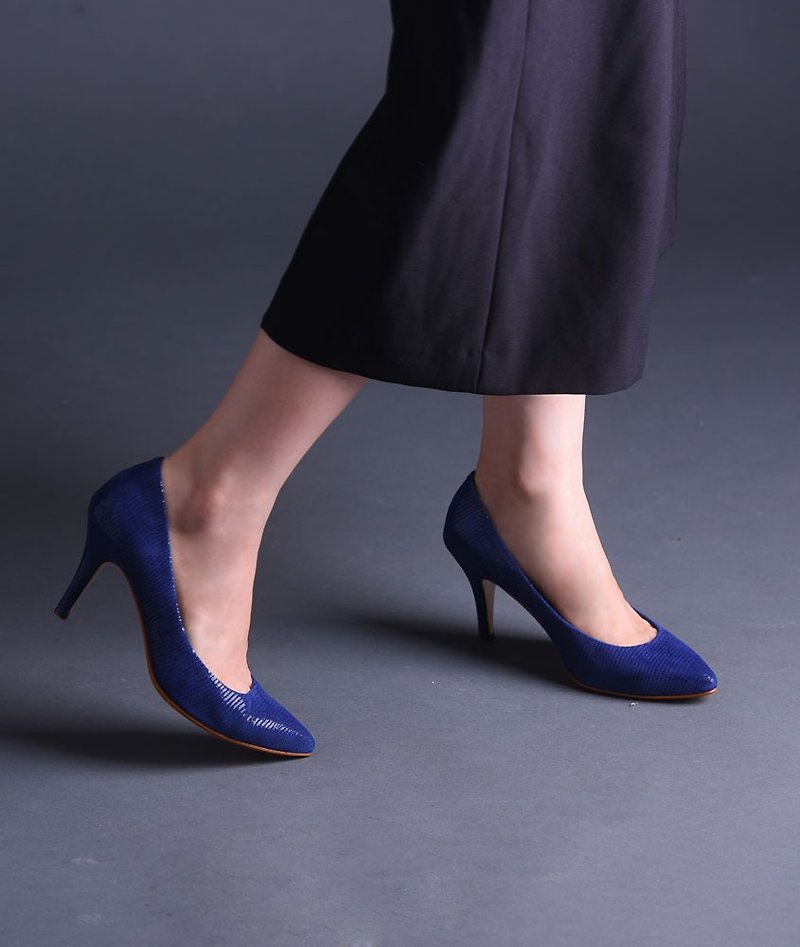 [Sum of Fashion] Slightly open-toed sexy pointed-toe silent stilettos _ lizard dark blue - High Heels - Genuine Leather Blue