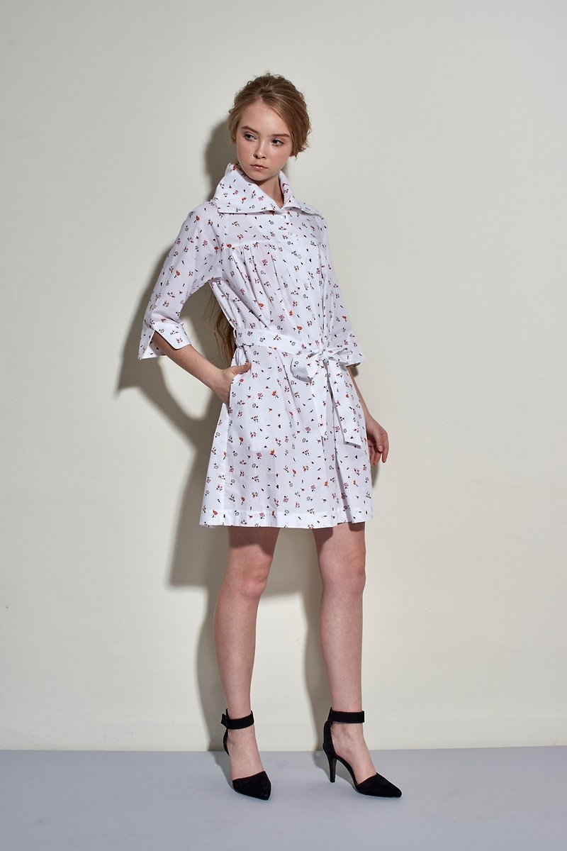 [Seasonal sale] 3/4 sleeve high collar shirt dress - One Piece Dresses - Cotton & Hemp White