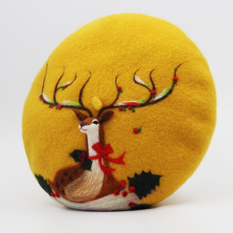 Christmas gift original handmade wool felt beret painter hat needle felt three-dimensional deer-yellow - หมวก - ขนแกะ สีเหลือง