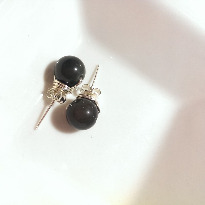 【LeRoseArts】Minimalier series handmade earrings-999 sterling silver wire - Earrings & Clip-ons - Gemstone Black
