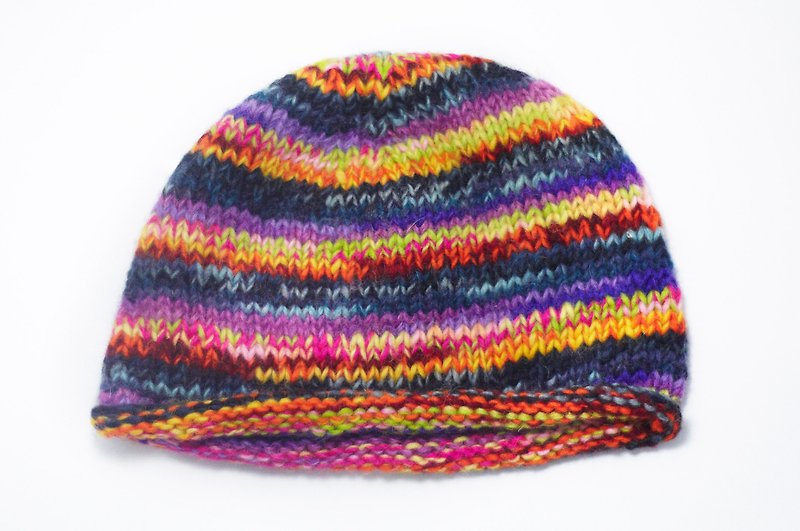 お歳暮限定 手織り ピュアウールハット/ニットウールハット/ウールハット(ネパール製)-グラデーションのカラフルストライプ - 帽子 - その他の素材 多色