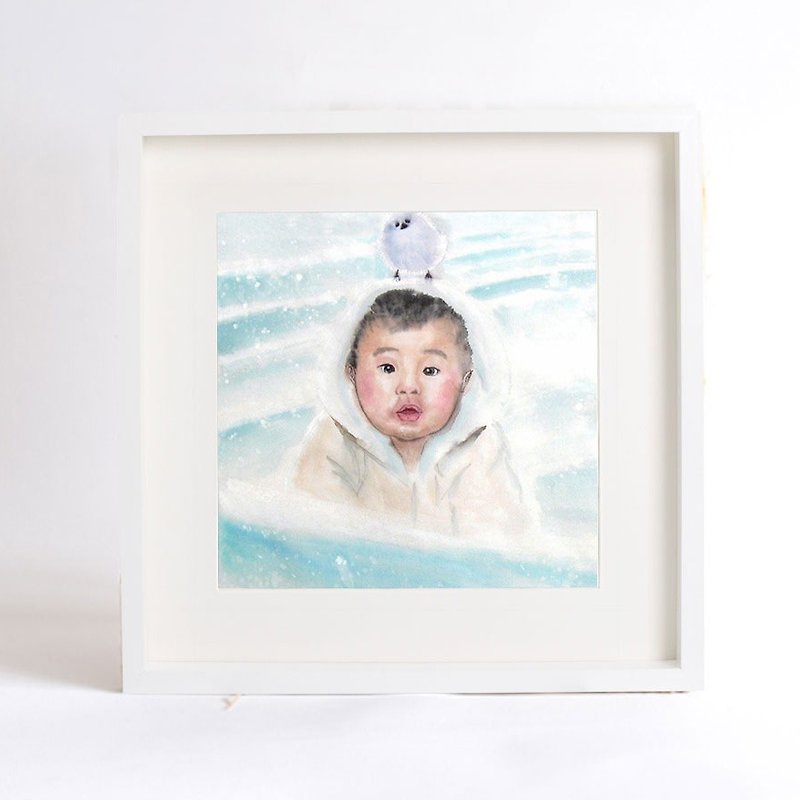 33.5x33.5cm Custom Portrait with Wood Frame, Child's Portrait, Children's Personalized Original Hand Drawn Portrait from Your Photo, OOAK watercolor Painting Ideas Gift - Customized Portraits - Paper 