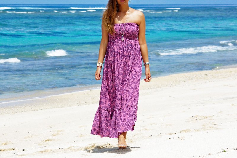 Paisley print Strapless long dress <Pink> - One Piece Dresses - Other Materials Pink