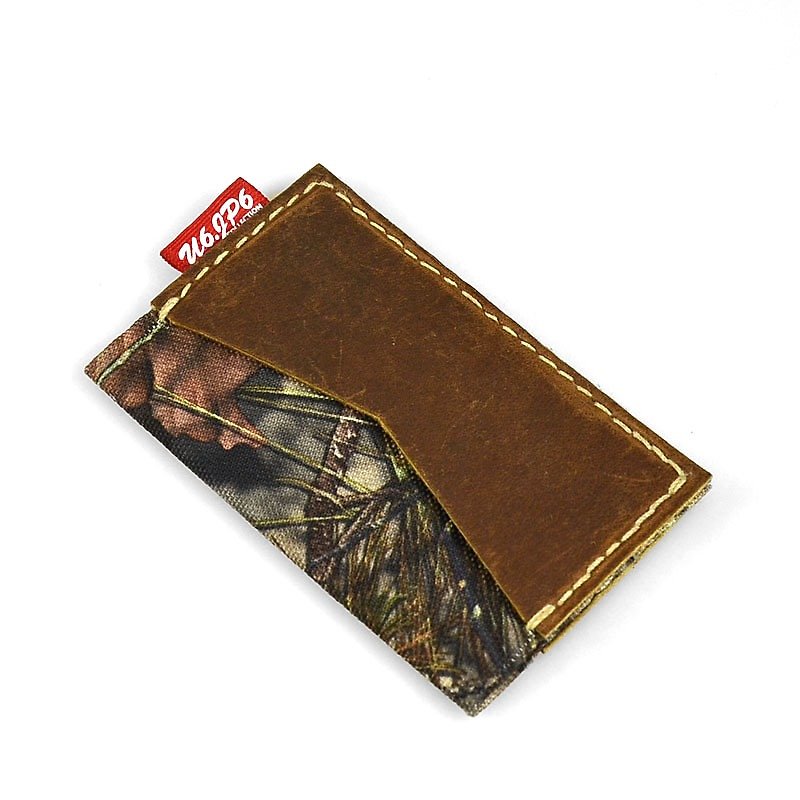 (U6.JP6 Handmade Leather Goods) Camouflage cloth & imported cowhide natural hand-made leather sewing. Credit card holder / universal card holder / business card holder - ID & Badge Holders - Genuine Leather Brown