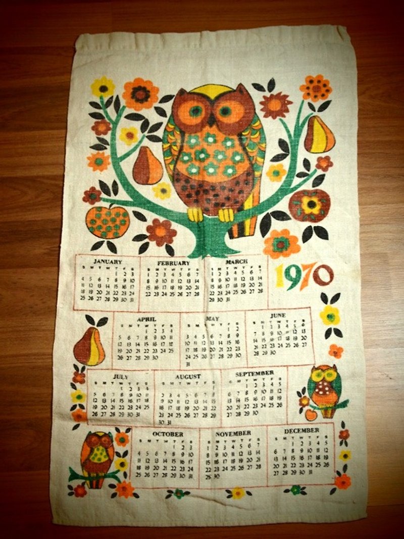 アーリーアメリカンカレンダー1970ファブリックフクロウ - ウォールデコ・壁紙 - その他の素材 多色