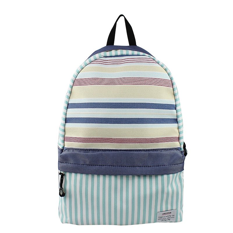 AMINAH-Ocean Stripe Backpack【am-0216】 - กระเป๋าเป้สะพายหลัง - วัสดุอีโค สีน้ำเงิน