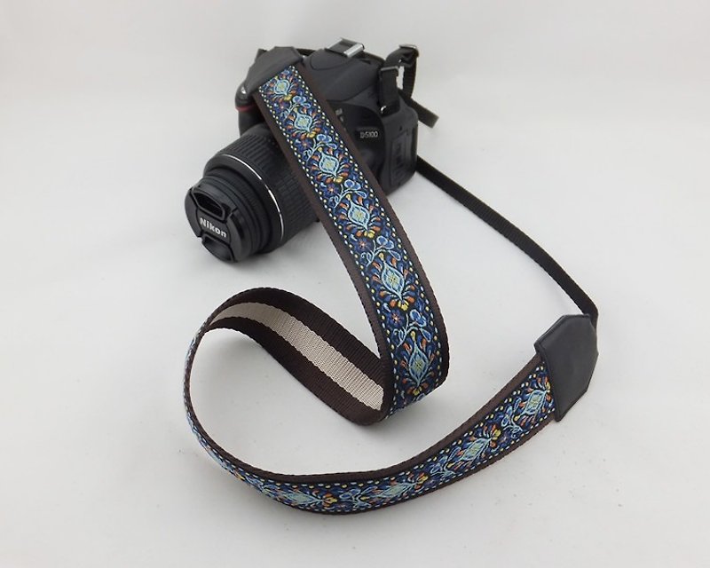 相機背帶 個性客製 可印字 真皮拼接 刺繡花紋  民族風043 - 相機帶/腳架 - 真皮 藍色