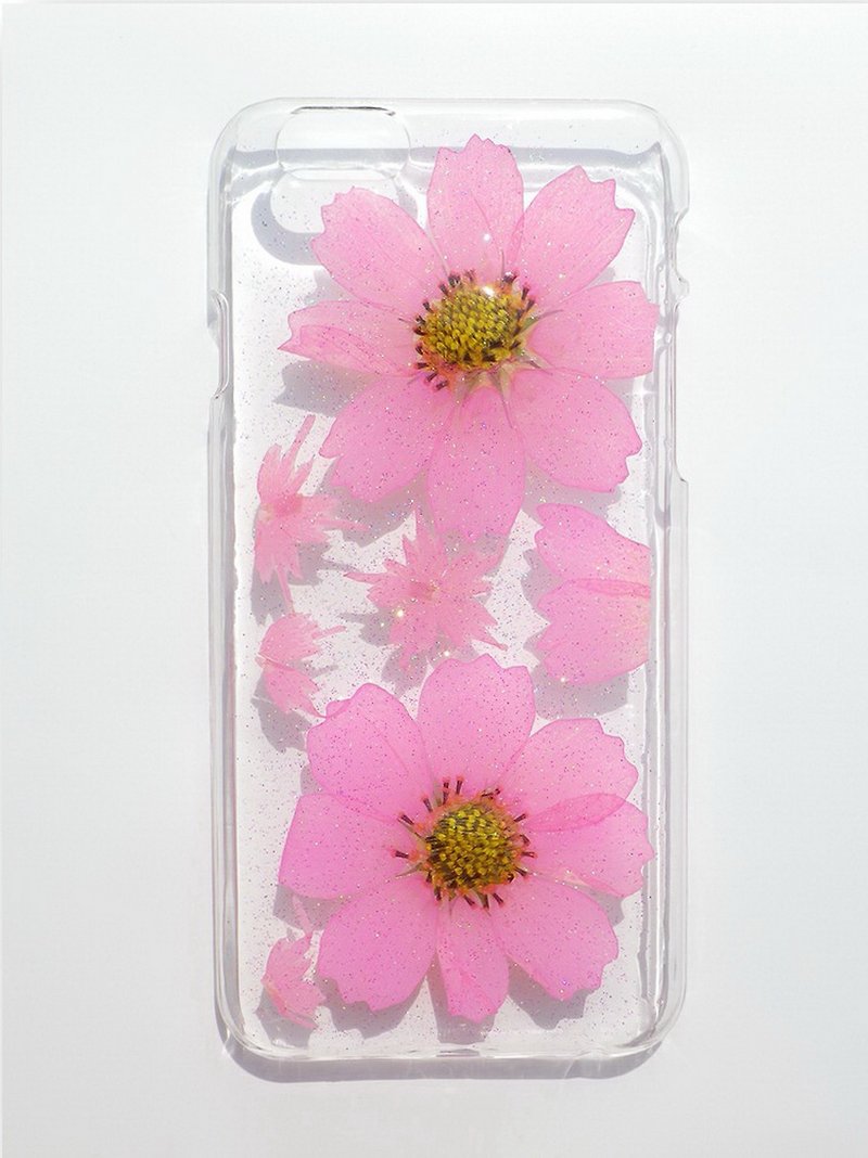 押し花電話ケース、手作りの本物の花、咲くコスモス、パート1で - スマホケース - プラスチック ピンク
