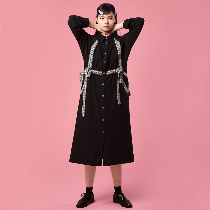 Tan-tan / black long-sleeved drawstring dress - One Piece Dresses - Other Materials Black