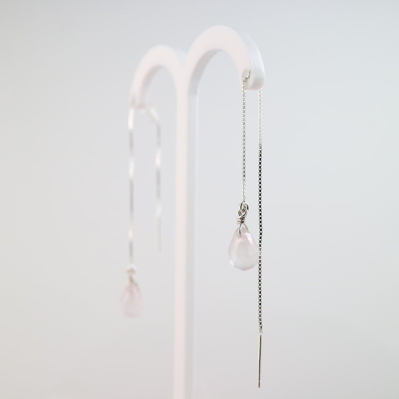 Pink crystal sterling silver drop ear chain earrings - ต่างหู - เครื่องเพชรพลอย สึชมพู