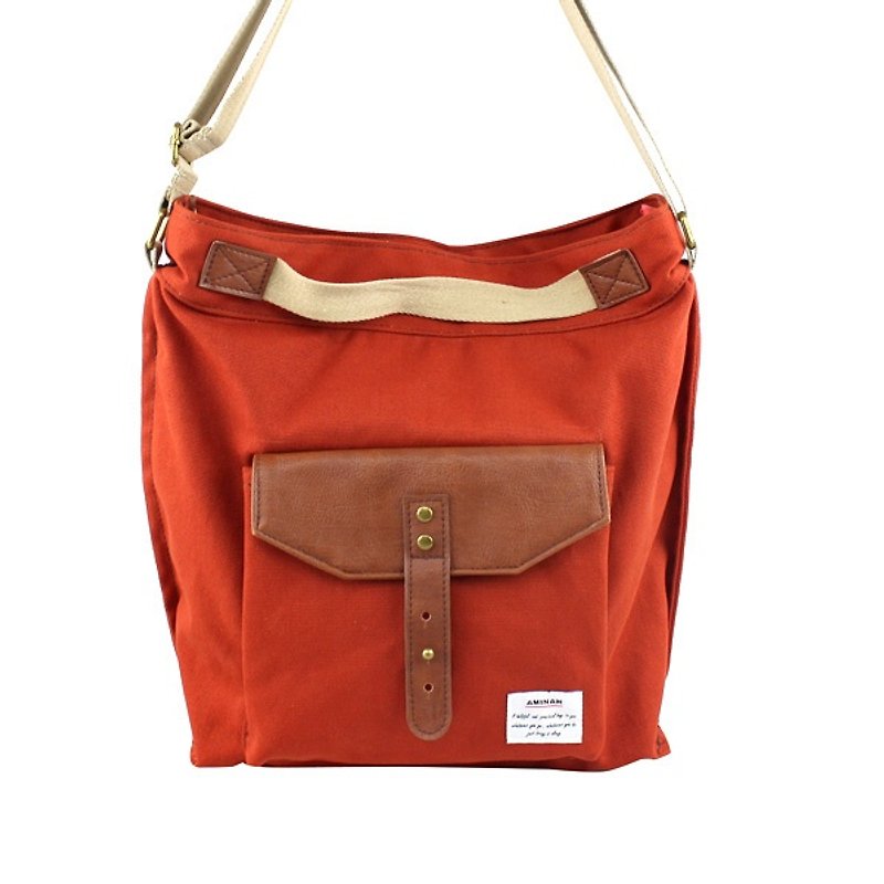 AMINAH-Japanese natural style orange orange canvas side back/shoulder bag [am-0248] - กระเป๋าแมสเซนเจอร์ - ผ้าฝ้าย/ผ้าลินิน สีส้ม