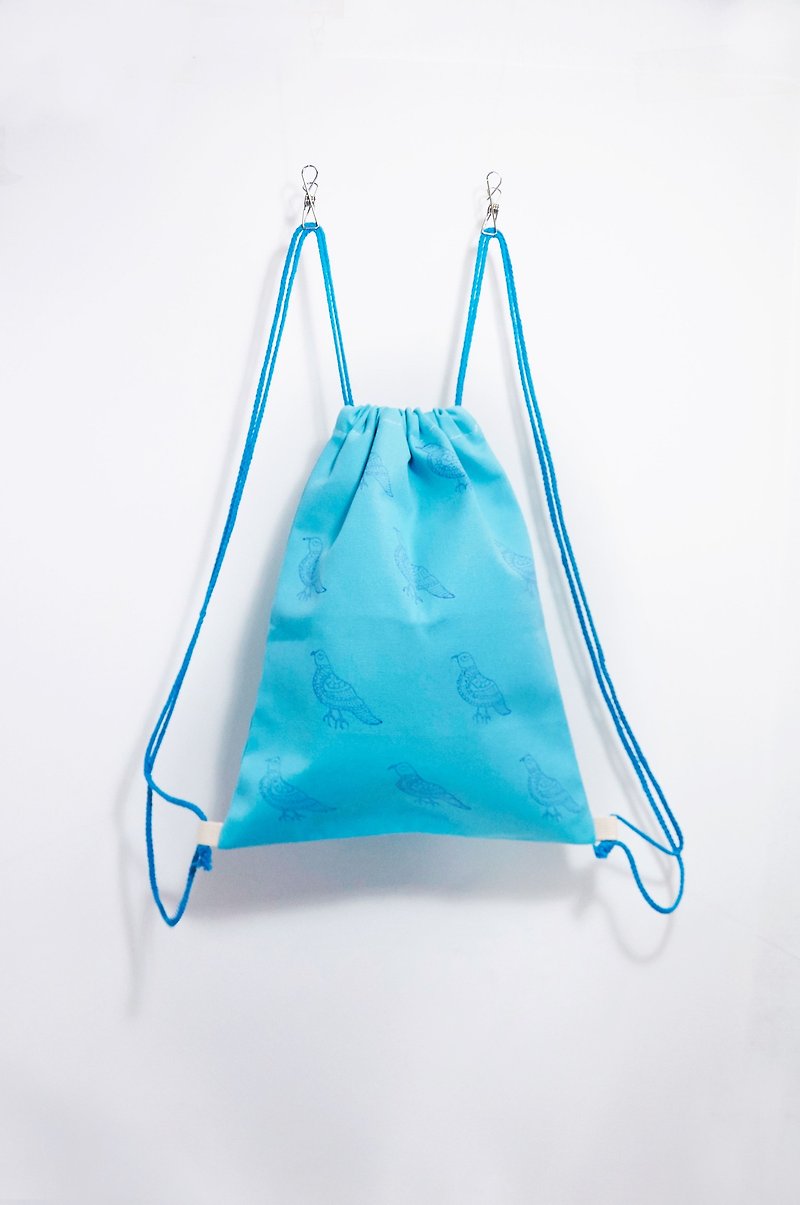 Tanabata Gift Hand-printed Bouquet Backpack/Shoulder Bag/Light Bag-Happy Blue Bird (Water Blue) - Drawstring Bags - Cotton & Hemp 
