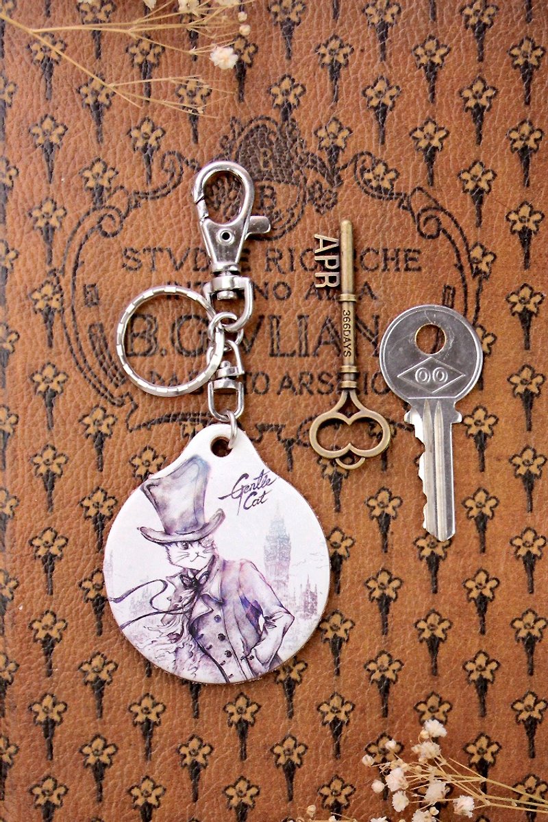 Good Meow vegetable-tanned leather key ring - Holmes cat (London fog) - Keychains - Genuine Leather 