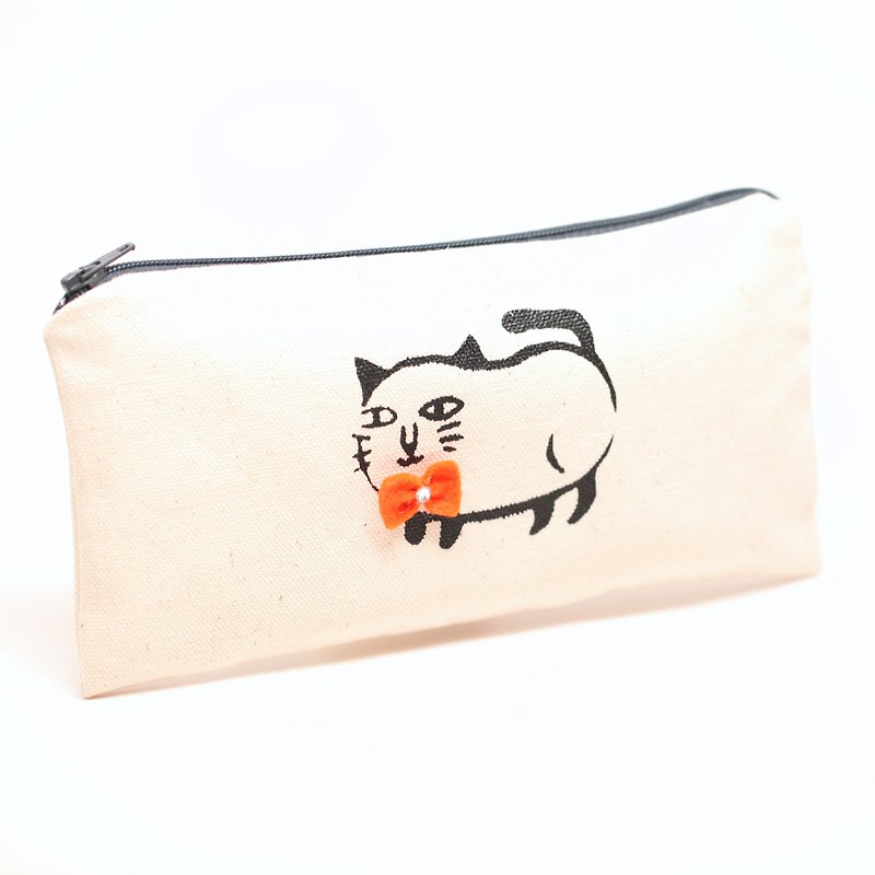 Hand-printed floral cat canvas pencil case - Pencil Cases - Other Materials White