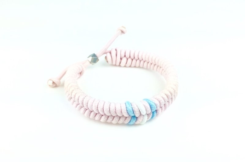 「粉色底淺藍白條紋編繩」 - 手鍊/手環 - 棉．麻 粉紅色