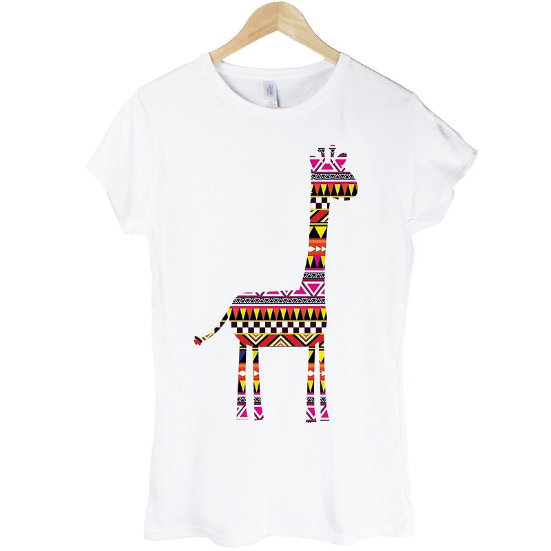 Aztec Giraffe女生短袖T恤-白色 民族風 長頸鹿 動物 設計 可愛 - T 恤 - 其他材質 白色