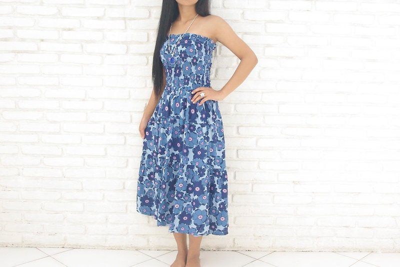 Summer Flower Tiered Dress <Blue> - One Piece Dresses - Other Materials Blue