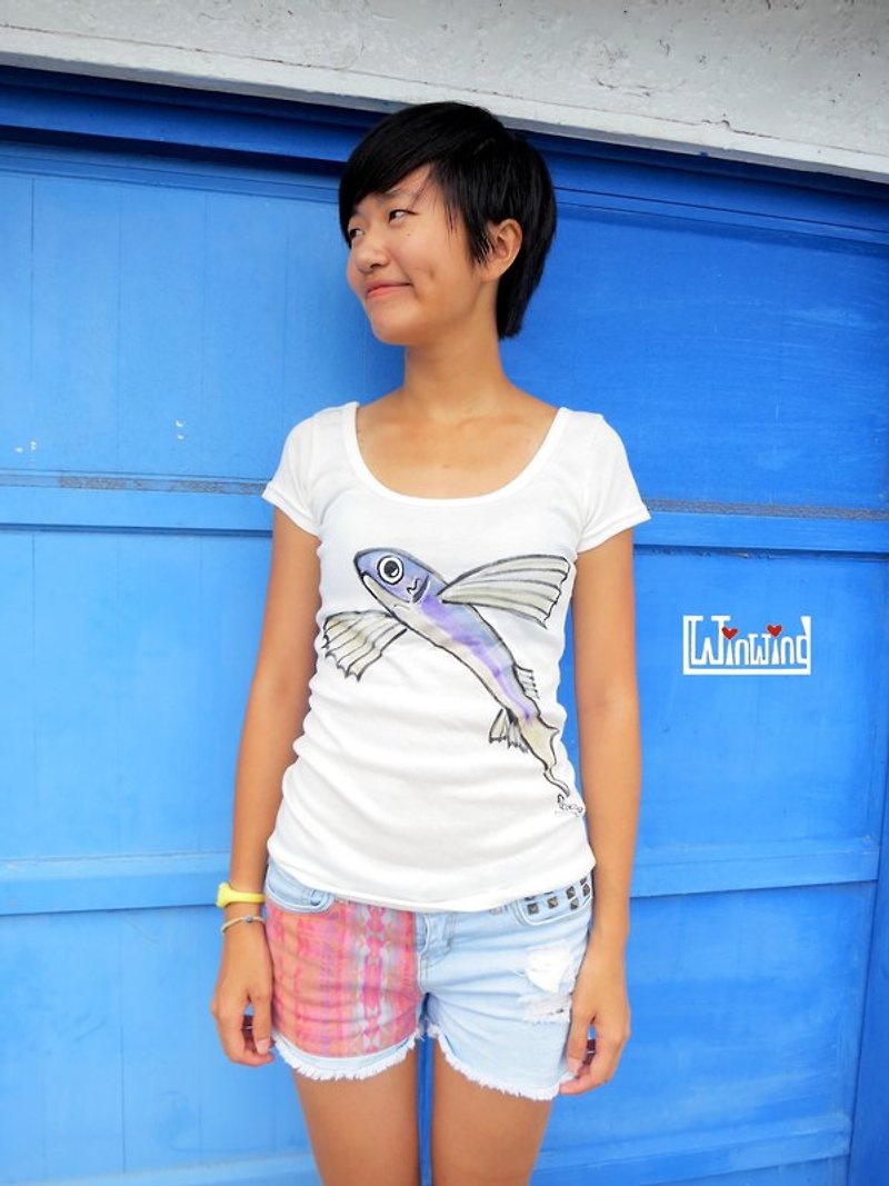 Embrace the flying fish Winwing hand-painted clothes - Women's T-Shirts - Cotton & Hemp White