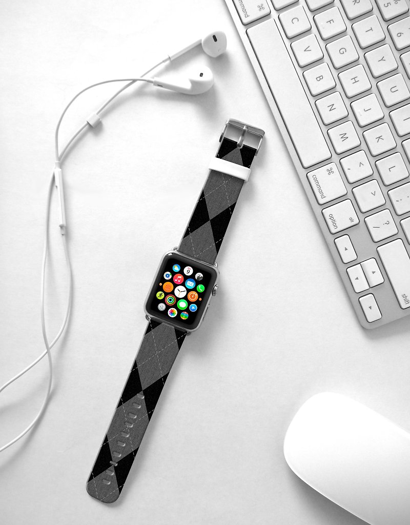 Apple Watch Series 1 , Series 2, Series 3 - Apple Watch 真皮手錶帶，適用於Apple Watch 及 Apple Watch Sport - Freshion 香港原創設計師品牌 - 黑色菱形圖案 - 錶帶 - 真皮 