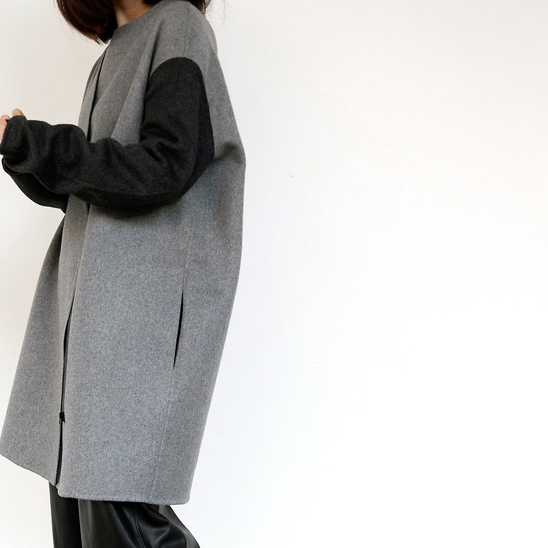 [End of Year Surprise] Hazelnut GAOGUO original designer autumn and winter large profile long zipper coat - เสื้อแจ็คเก็ต - วัสดุอื่นๆ สีเทา