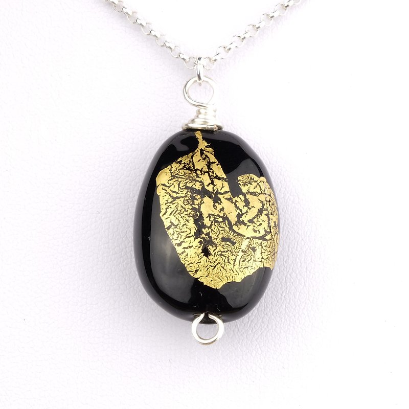 Black Gold Handmade Lampwork Glass Sterling Silver Necklace - Necklaces - Glass Black