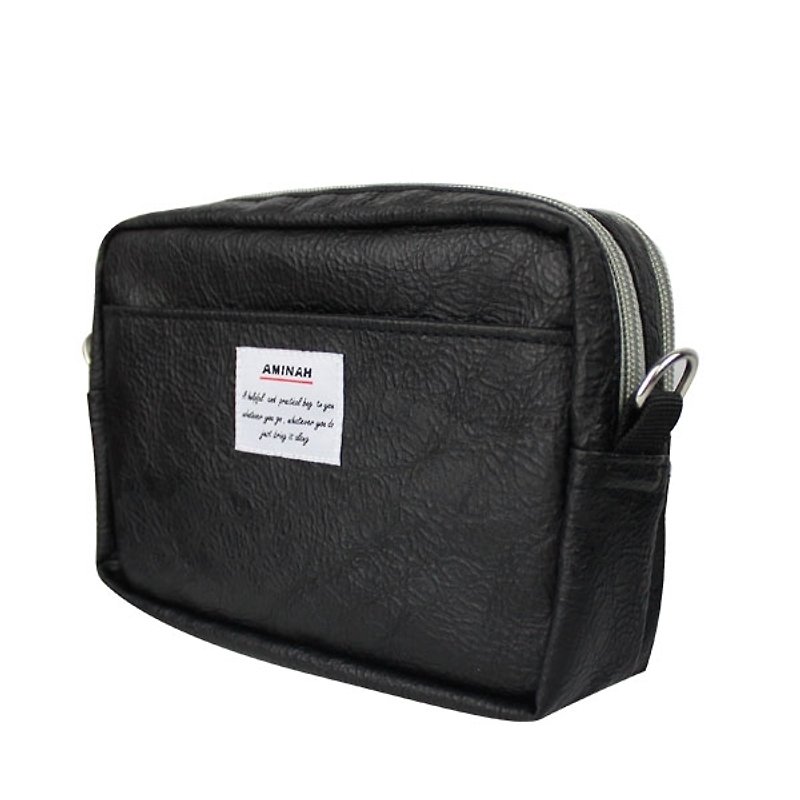 AMINAH-black leather dual-use small bag waist bag/shoulder bag () - กระเป๋าแมสเซนเจอร์ - หนังเทียม สีดำ