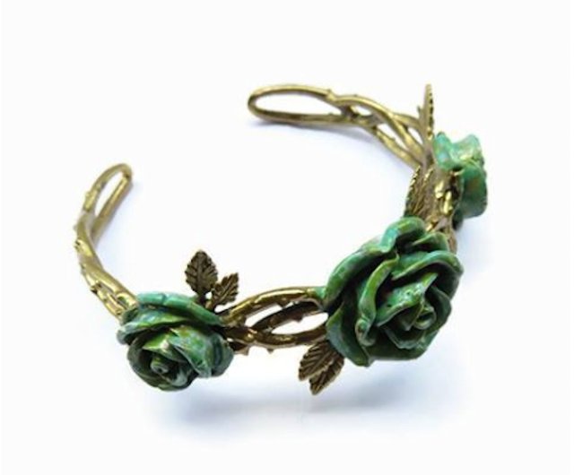 Climber roses bangle ,Brass ,White bronze, realistic, Patina green, color,Rocker jewelry ,Skull jewelry,Biker store jewelry