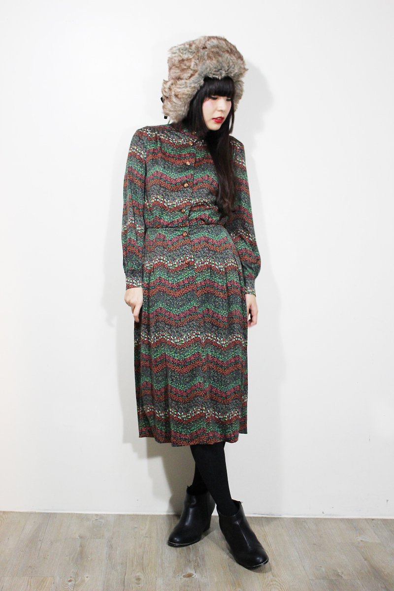 F588 (Vintage) texture tulip garden green long-sleeved dress {vintage} - One Piece Dresses - Other Materials Green