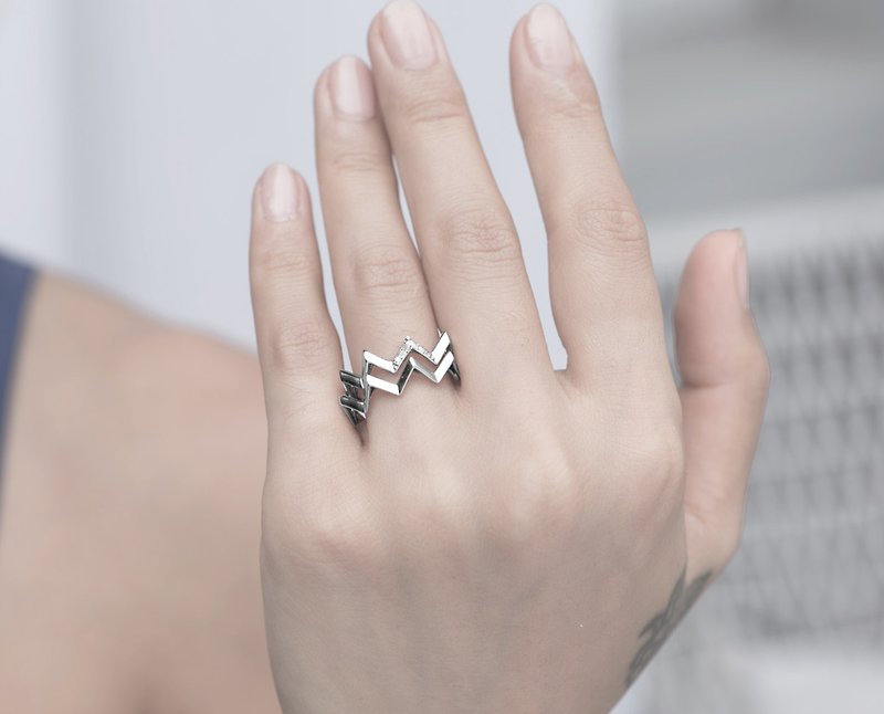 個性情侶鑚戒 幾何簡約白金鑽石戒指 鋸齒戒指 白金幾何閨蜜對戒 - 對戒 - 貴金屬 銀色
