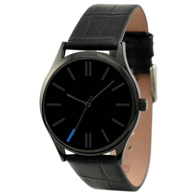 Black simple watch (blue 7 o'clock) - นาฬิกาผู้หญิง - โลหะ สีดำ