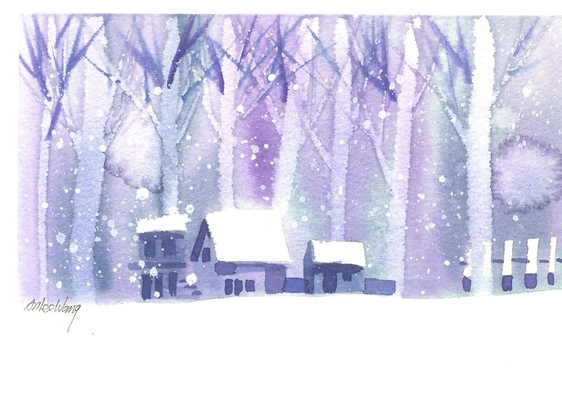聖誕節「療癒系樹林系列1-81」水彩手繪限量版明信片/賀卡 - カード・はがき - 紙 ブルー