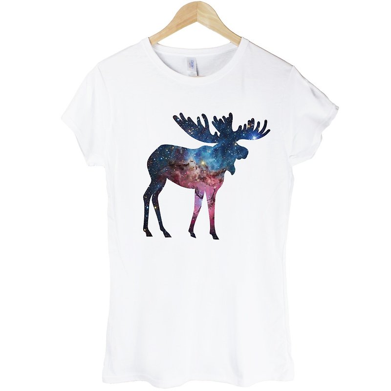 Moose-Galaxy Girls Short Sleeve T-Shirt-White Deer Elk Fashion Milky Way Fashion Universe Design Photo - เสื้อยืดผู้หญิง - วัสดุอื่นๆ ขาว