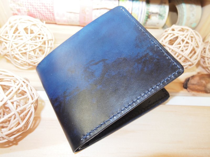 Leather wallet men's short clip straightforward two-fold - กระเป๋าสตางค์ - หนังแท้ สีน้ำเงิน
