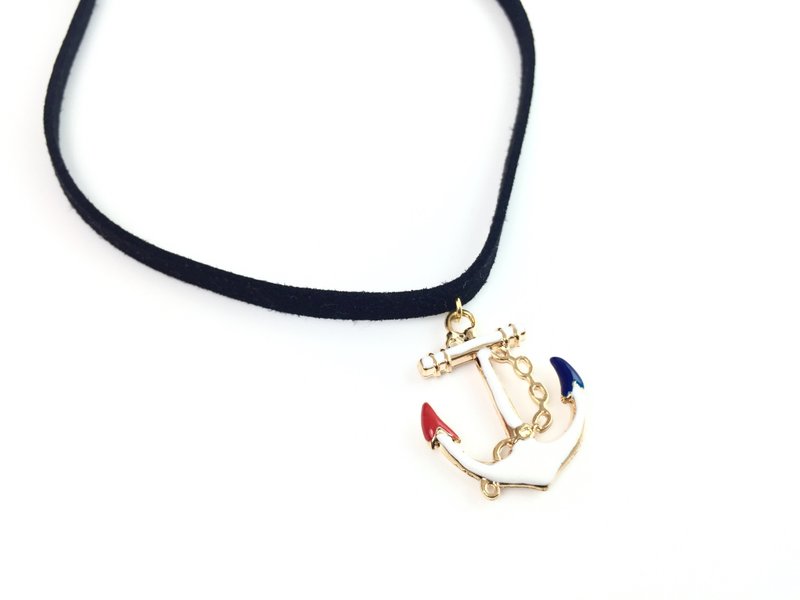 "Gold Anchor Necklace" - สร้อยคอ - หนังแท้ สีดำ