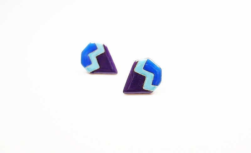 Vintage diamond pattern cloisonné enamel earrings (blue purple) - Earrings & Clip-ons - Other Metals Purple