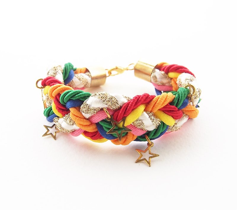 Colorful rainbow braided bracelet with gold stars - สร้อยข้อมือ - วัสดุอื่นๆ หลากหลายสี
