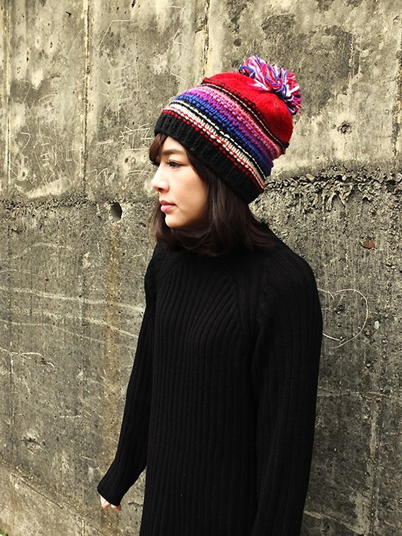 【Grooving the beats】Handmade Hand Knit Wool Beanie Hat with Pompom（Stripe_Red） - Hats & Caps - Other Materials Multicolor