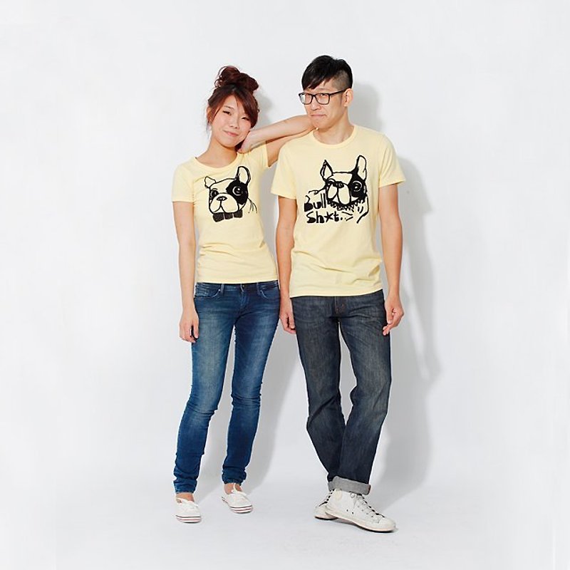 Valentine Couple T-shirt Bull dog Cotton T-shirt (2 shirts) - Women's T-Shirts - Cotton & Hemp Yellow