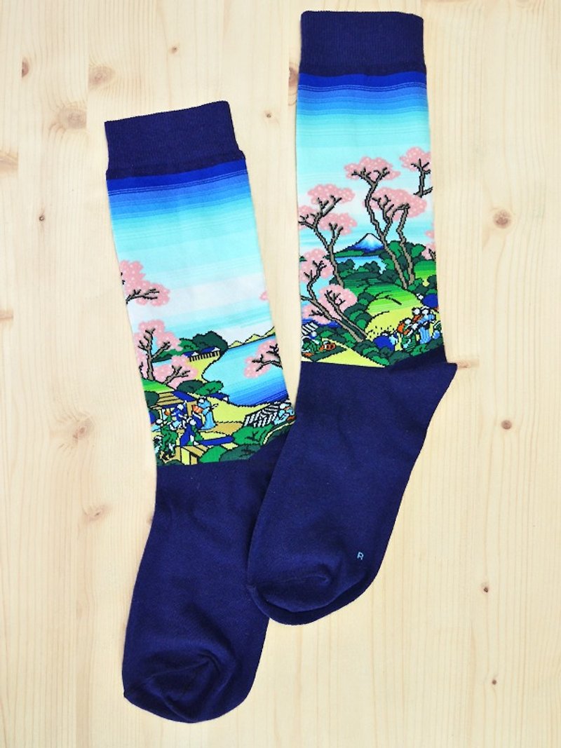 JHJ Design Canadian brand high-color knitted cotton socks Ukiyo-e series-Fuji Tokaido Shinagawa Gotenyama socks (knitted cotton socks) Japanese style - ถุงเท้า - วัสดุอื่นๆ 
