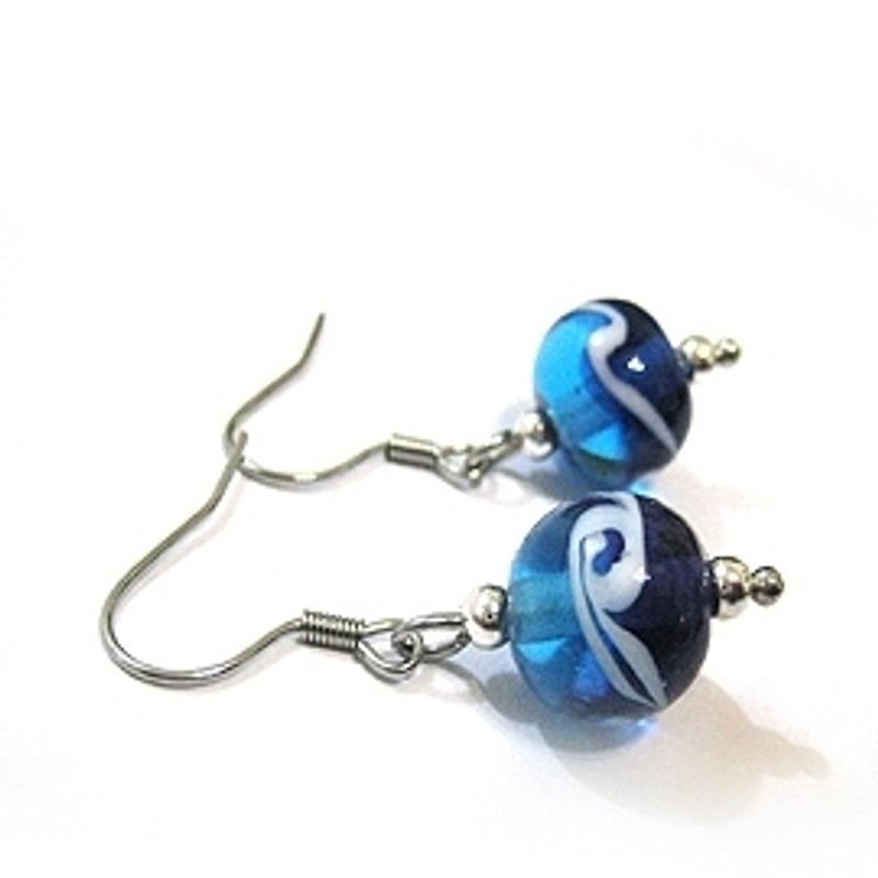 海洋琉璃珠耳環 - 耳環/耳夾 - 玻璃 藍色