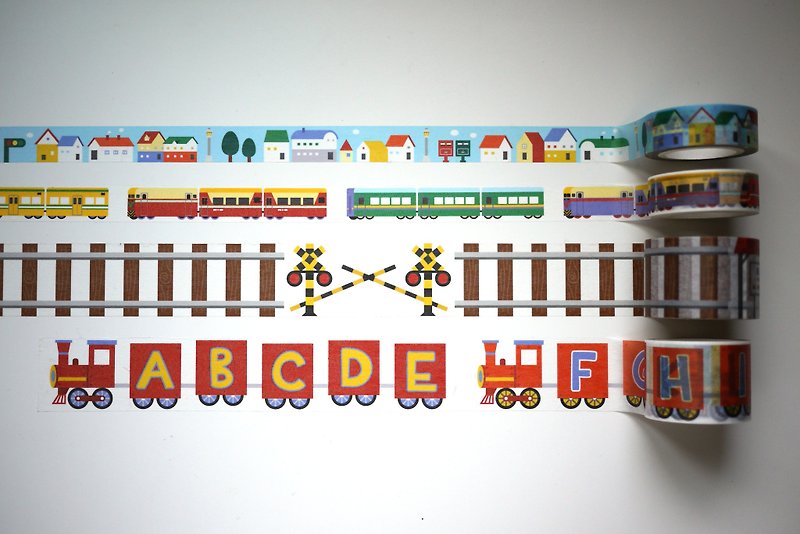鐵道系列4入組: 鐵路+火車+英文字母火車+小房子街景紙膠帶 - 紙膠帶 - 紙 多色