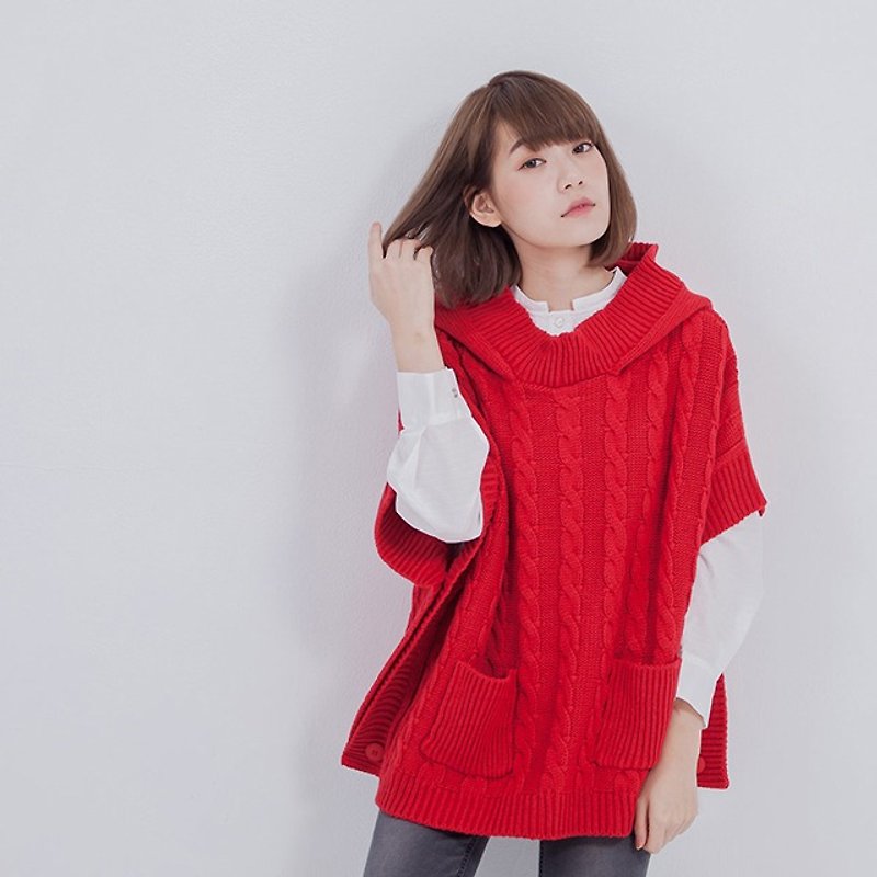 Fairy 連帽針織斗篷/紅 - 毛衣/針織衫 - 其他材質 紅色