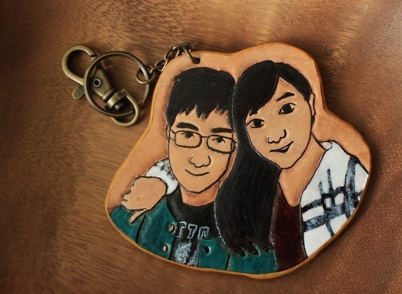 Exclusive custom double portrait character original leather color pure leather key ring (lover, birthday gift) Tanabata - พวงกุญแจ - หนังแท้ สีส้ม